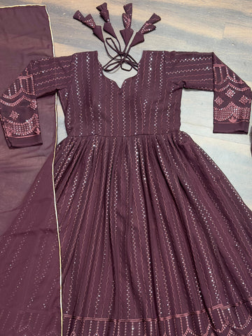 Elegant Coffee Color Georgette Fabric With 3mm Sequins Embroidery Work Designer Anarkali Suit