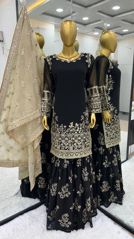 Wedding Wear Black Color Heavy Faux Georgette With 5mm Embroidery Sequence Work Designer Sharara Suit