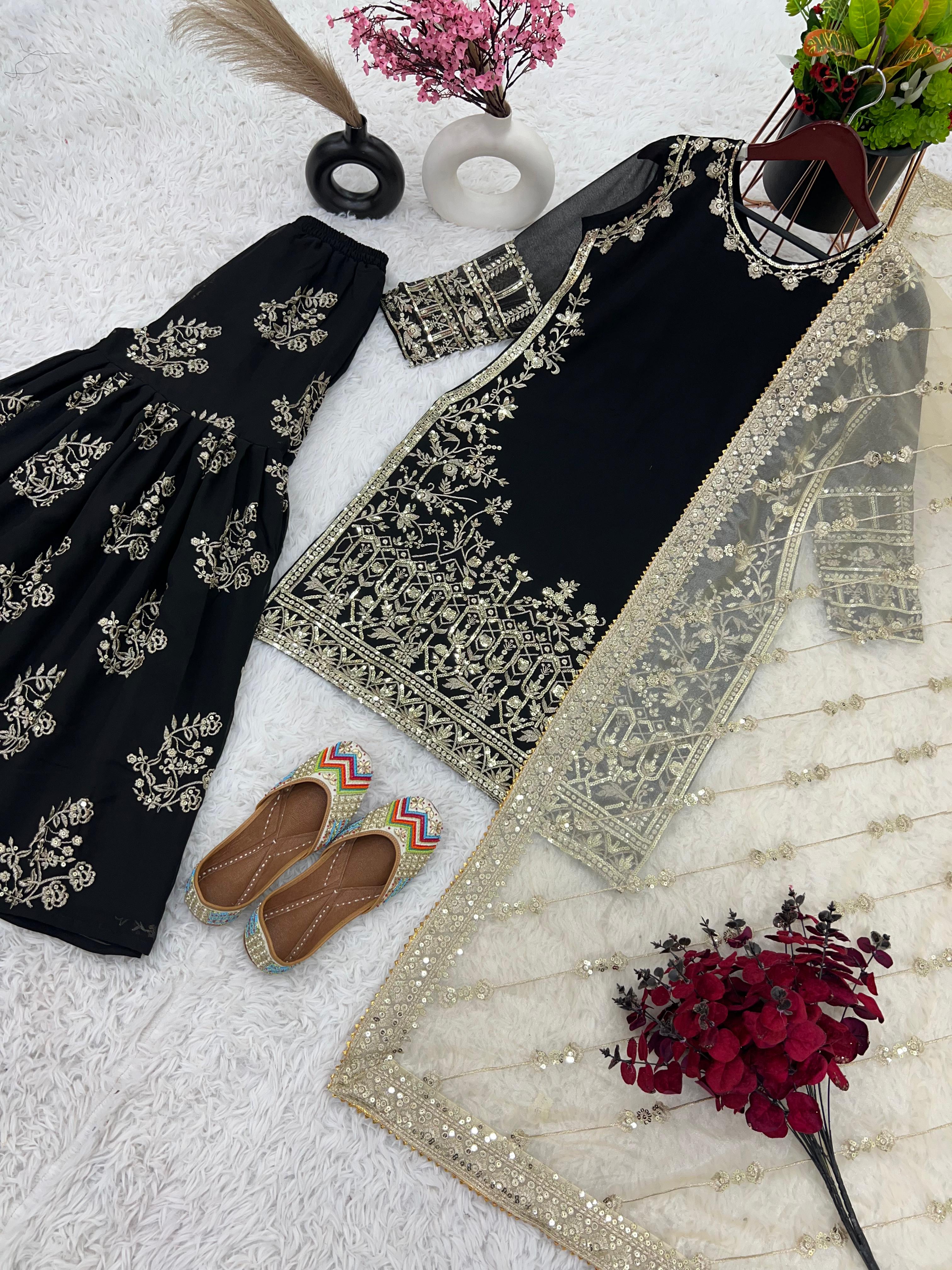 Wedding Wear Black Color Heavy Faux Georgette With 5mm Embroidery Sequence Work Designer Sharara Suit
