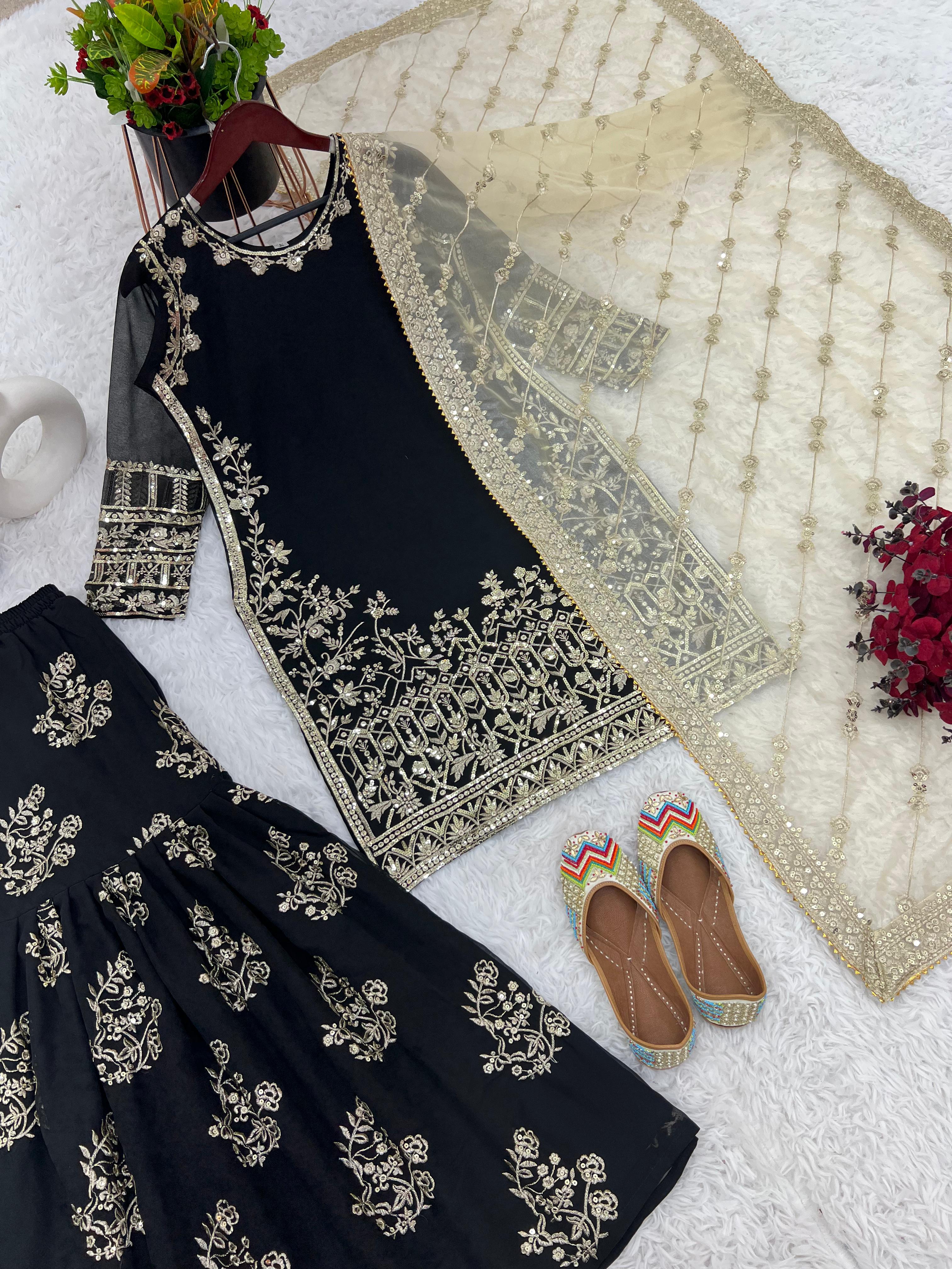 Wedding Wear Black Color Heavy Faux Georgette With 5mm Embroidery Sequence Work Designer Sharara Suit