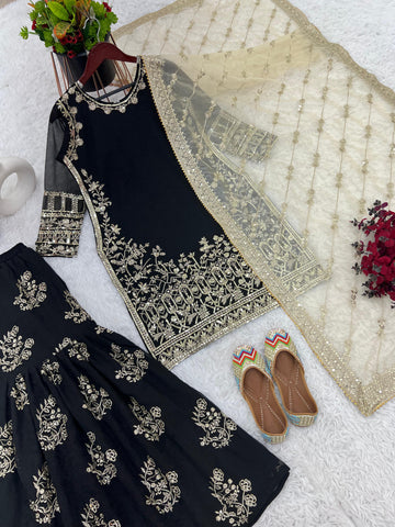 Wedding Wear Black Color Heavy Faux Georgette With 5mm Embroidery Sequence Work Designer Sharara Suit
