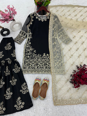 Wedding Wear Black Color Heavy Faux Georgette With 5mm Embroidery Sequence Work Designer Sharara Suit
