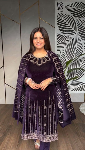 Stylish Wine Color Heavy Viscose Velvet With Heavy Embroidery Sequence Work Designer Salwar Suit