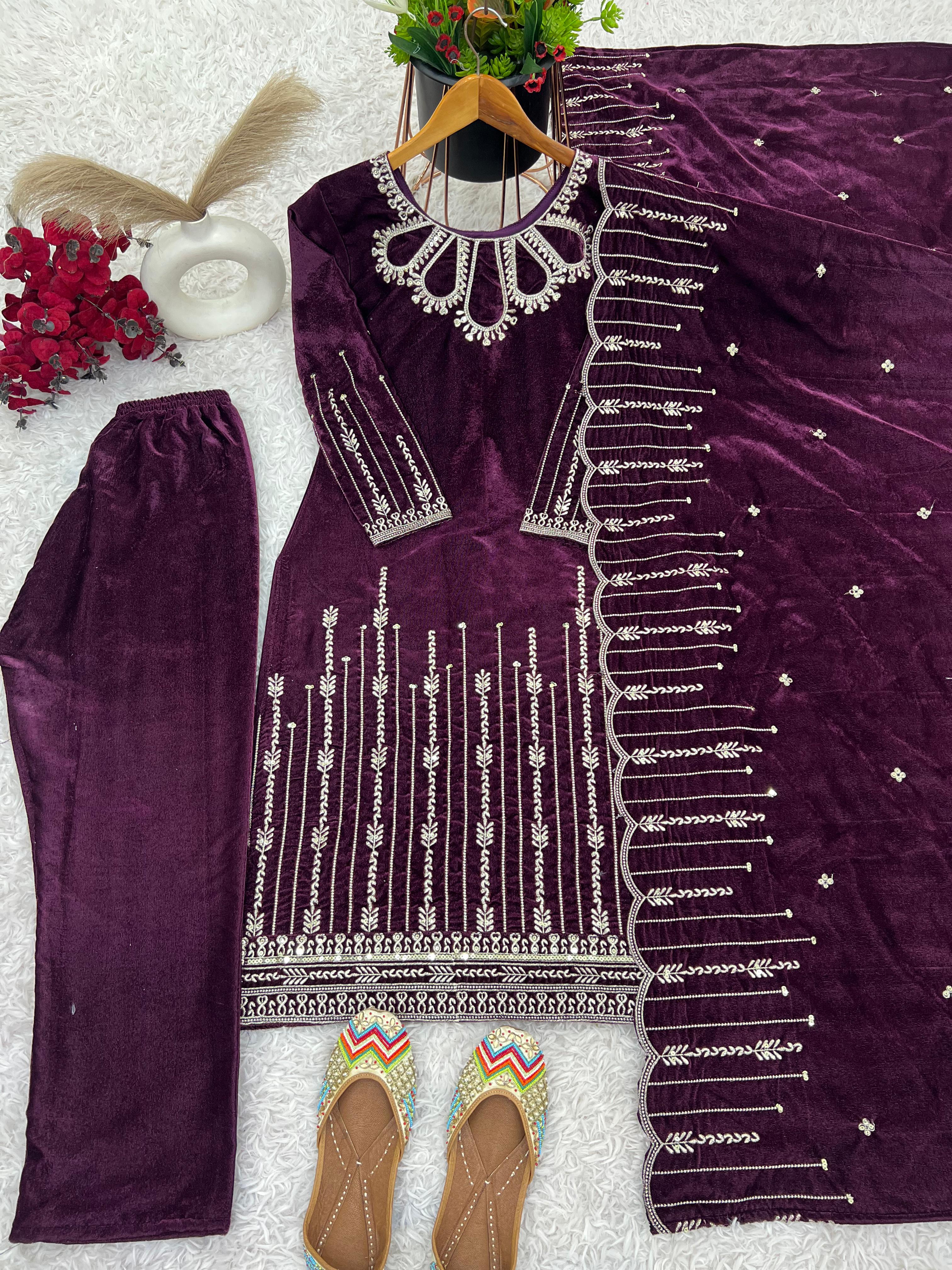 Stylish Wine Color Heavy Viscose Velvet With Heavy Embroidery Sequence Work Designer Salwar Suit
