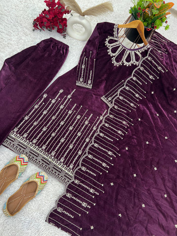 Stylish Wine Color Heavy Viscose Velvet With Heavy Embroidery Sequence Work Designer Salwar Suit