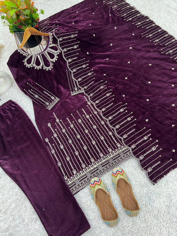 Stylish Wine Color Heavy Viscose Velvet With Heavy Embroidery Sequence Work Designer Salwar Suit