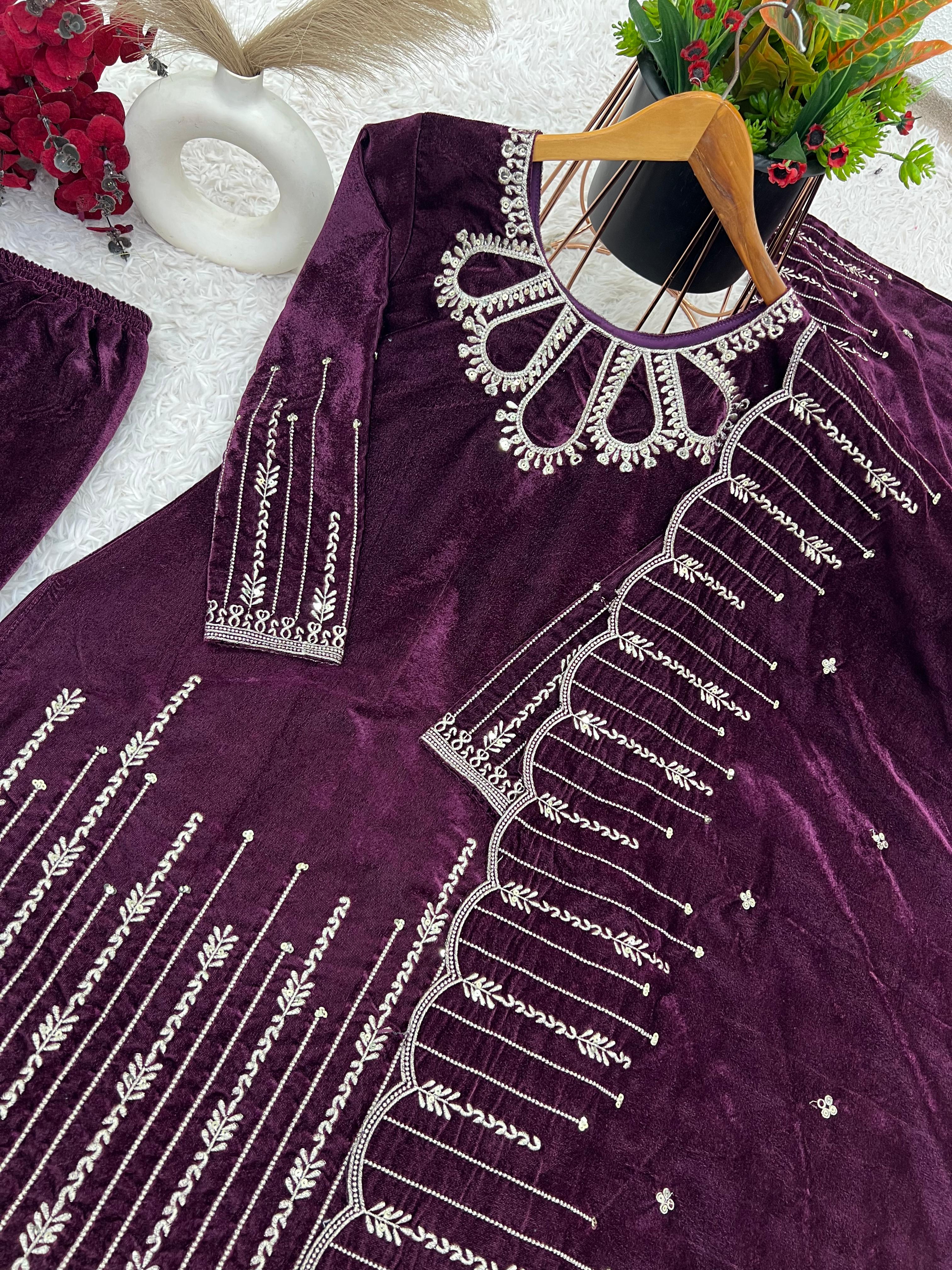 Stylish Wine Color Heavy Viscose Velvet With Heavy Embroidery Sequence Work Designer Salwar Suit