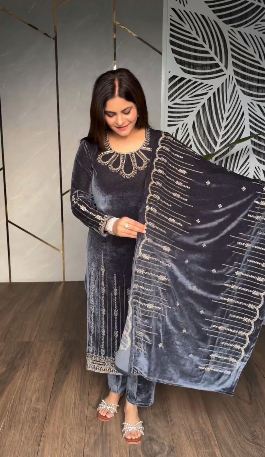 Stylish Grey Color Heavy Viscose Velvet With Heavy Embroidery Sequence Work Designer Salwar Suit