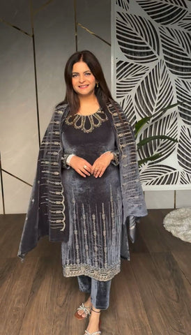 Stylish Grey Color Heavy Viscose Velvet With Heavy Embroidery Sequence Work Designer Salwar Suit