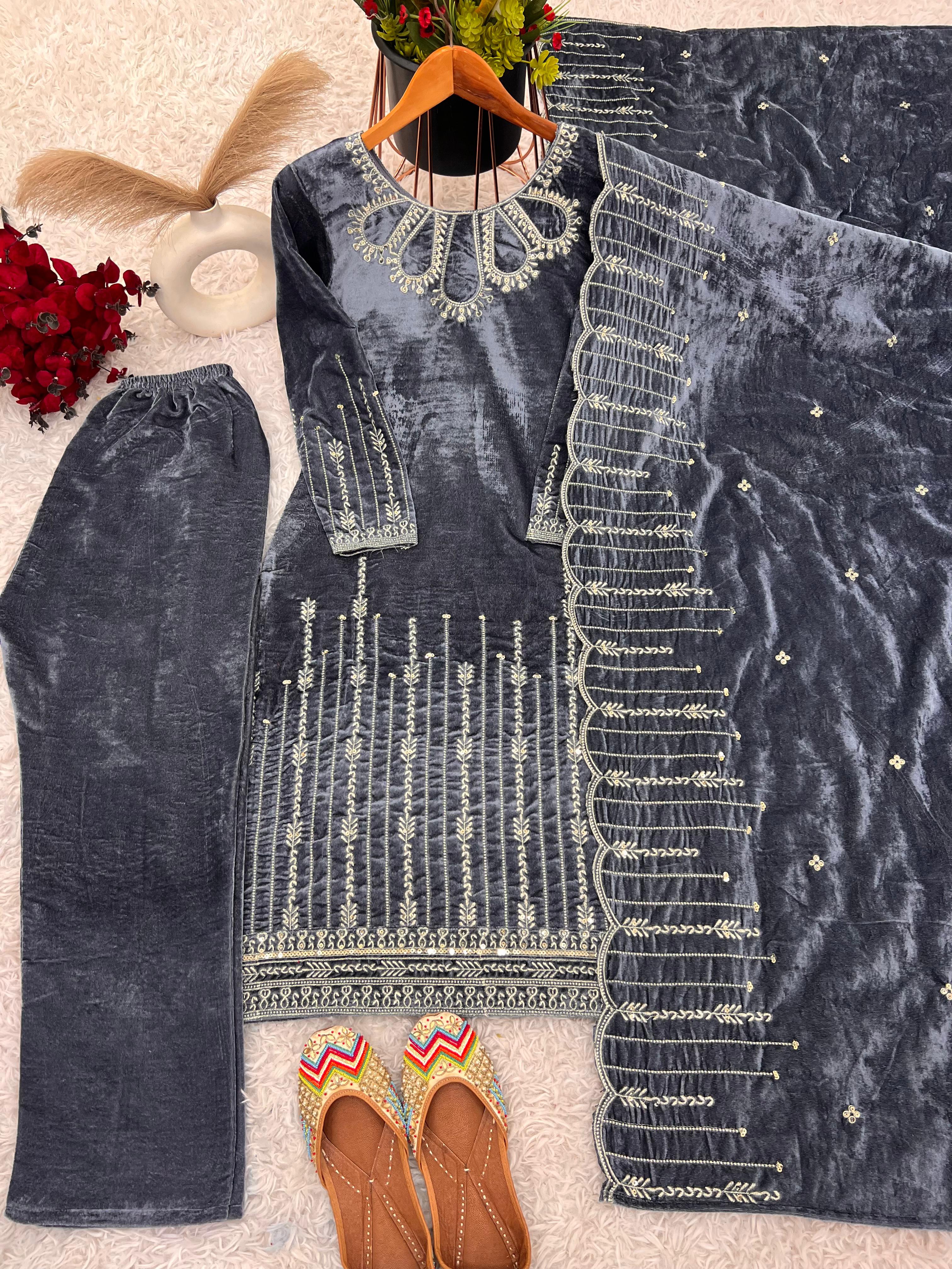 Stylish Grey Color Heavy Viscose Velvet With Heavy Embroidery Sequence Work Designer Salwar Suit