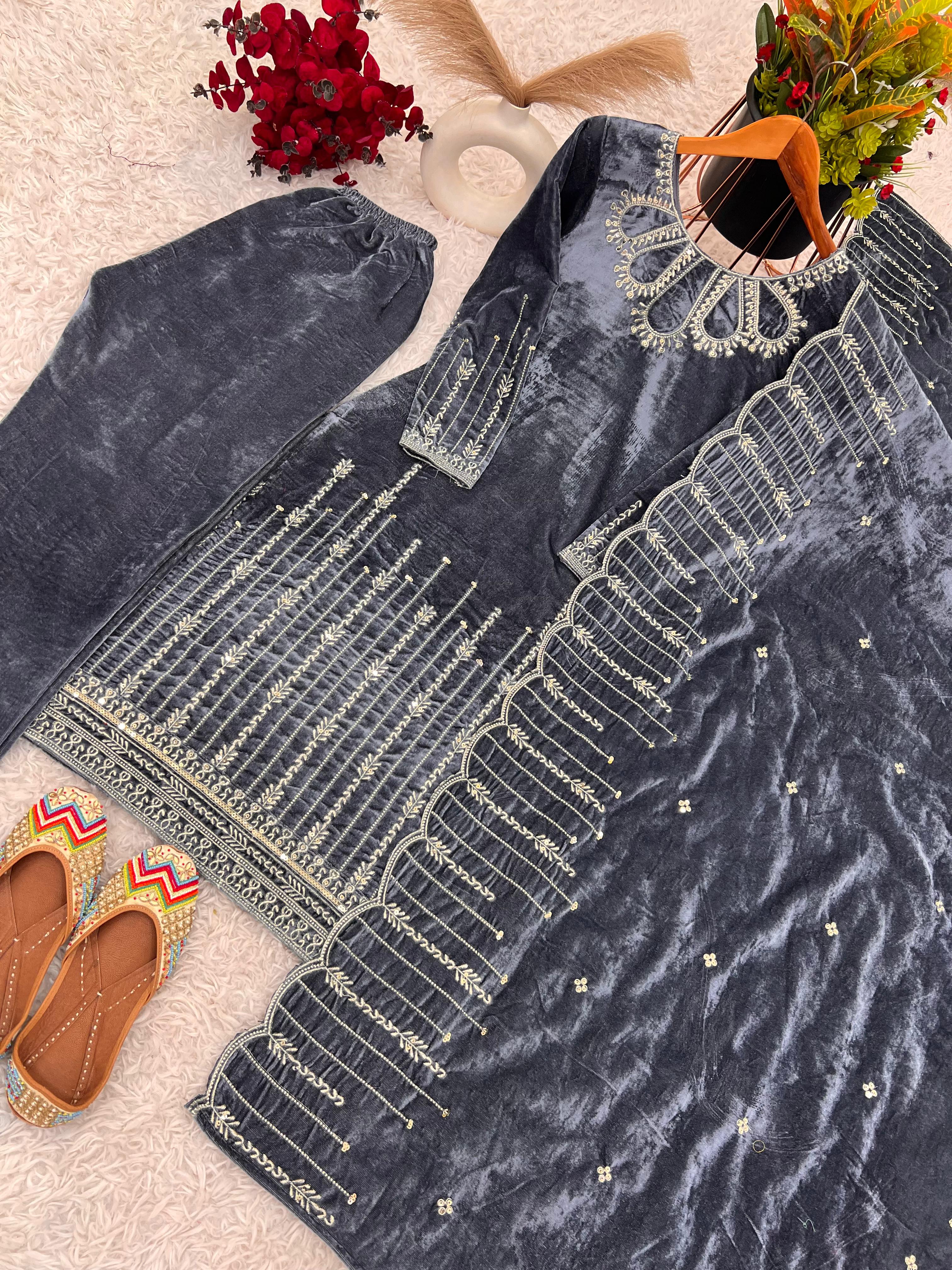 Stylish Grey Color Heavy Viscose Velvet With Heavy Embroidery Sequence Work Designer Salwar Suit