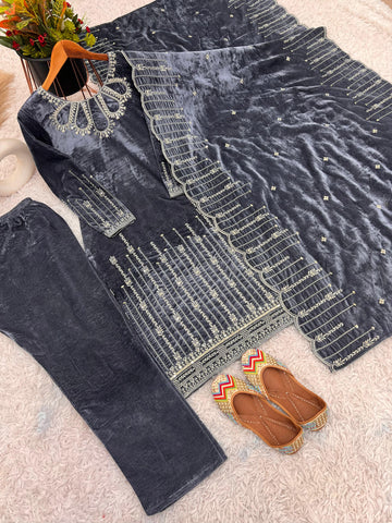Stylish Grey Color Heavy Viscose Velvet With Heavy Embroidery Sequence Work Designer Salwar Suit