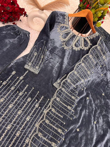 Stylish Grey Color Heavy Viscose Velvet With Heavy Embroidery Sequence Work Designer Salwar Suit