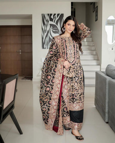 Party Wear Navy Blue Color Faux Georgette And Embroidery Codding Sequence Work Salwar Suit