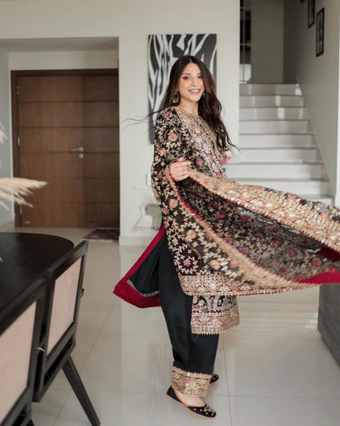 Party Wear Navy Blue Color Faux Georgette And Embroidery Codding Sequence Work Salwar Suit