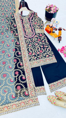 Party Wear Navy Blue Color Faux Georgette And Embroidery Codding Sequence Work Salwar Suit