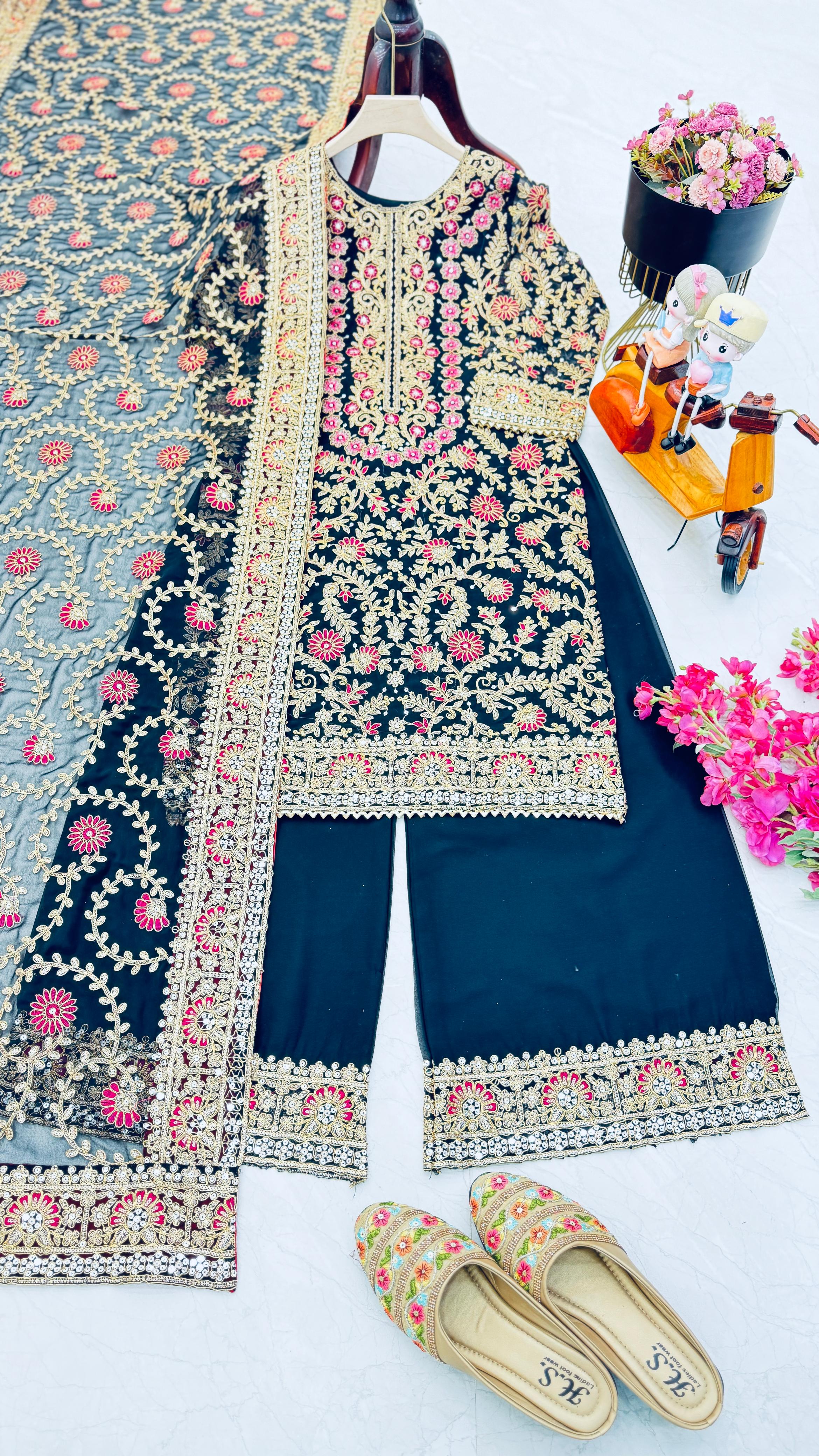 Party Wear Navy Blue Color Faux Georgette And Embroidery Codding Sequence Work Salwar Suit