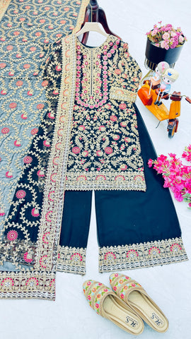 Party Wear Navy Blue Color Faux Georgette And Embroidery Codding Sequence Work Salwar Suit