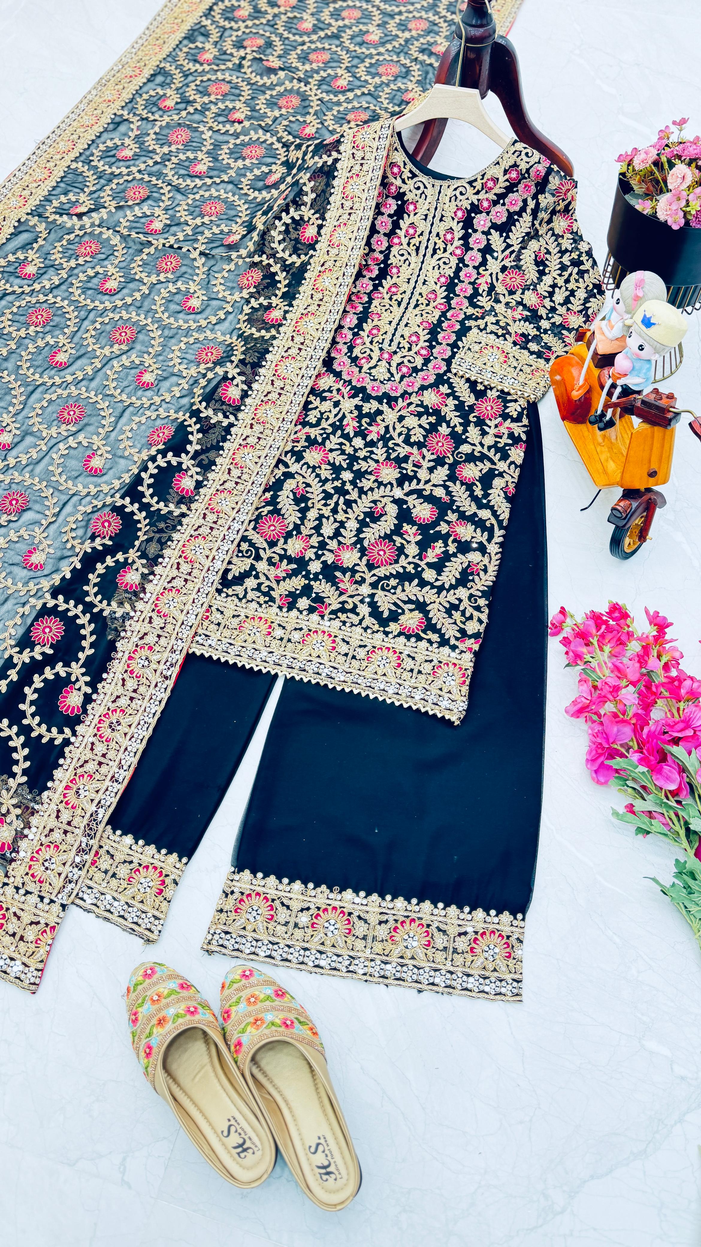 Party Wear Navy Blue Color Faux Georgette And Embroidery Codding Sequence Work Salwar Suit