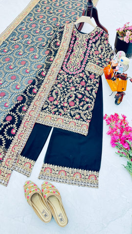 Party Wear Navy Blue Color Faux Georgette And Embroidery Codding Sequence Work Salwar Suit