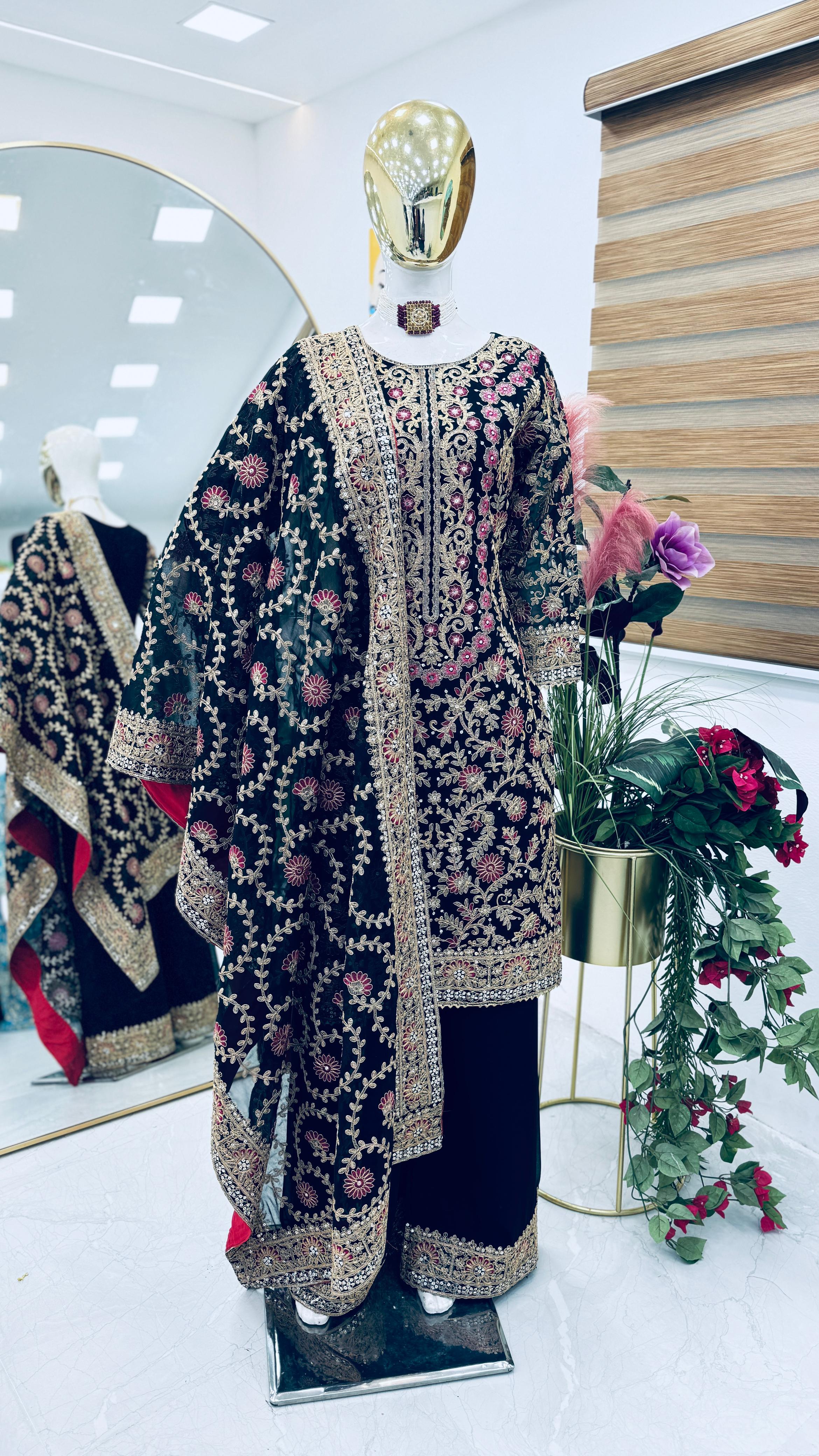 Party Wear Navy Blue Color Faux Georgette And Embroidery Codding Sequence Work Salwar Suit