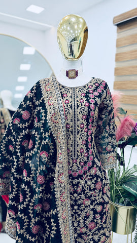Party Wear Navy Blue Color Faux Georgette And Embroidery Codding Sequence Work Salwar Suit