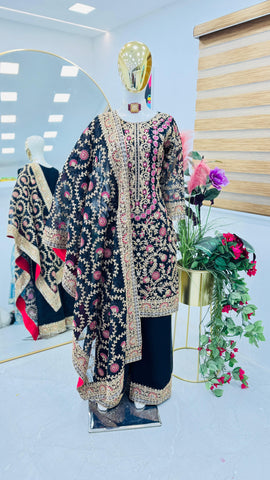 Party Wear Navy Blue Color Faux Georgette And Embroidery Codding Sequence Work Salwar Suit