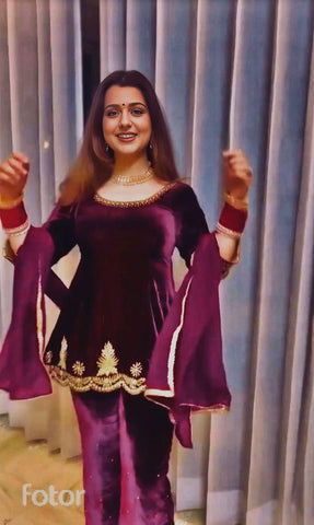 Gorgeous Wine Color Heavy Viscose Velvet And Embroidery Work Designer Palazzo Suit