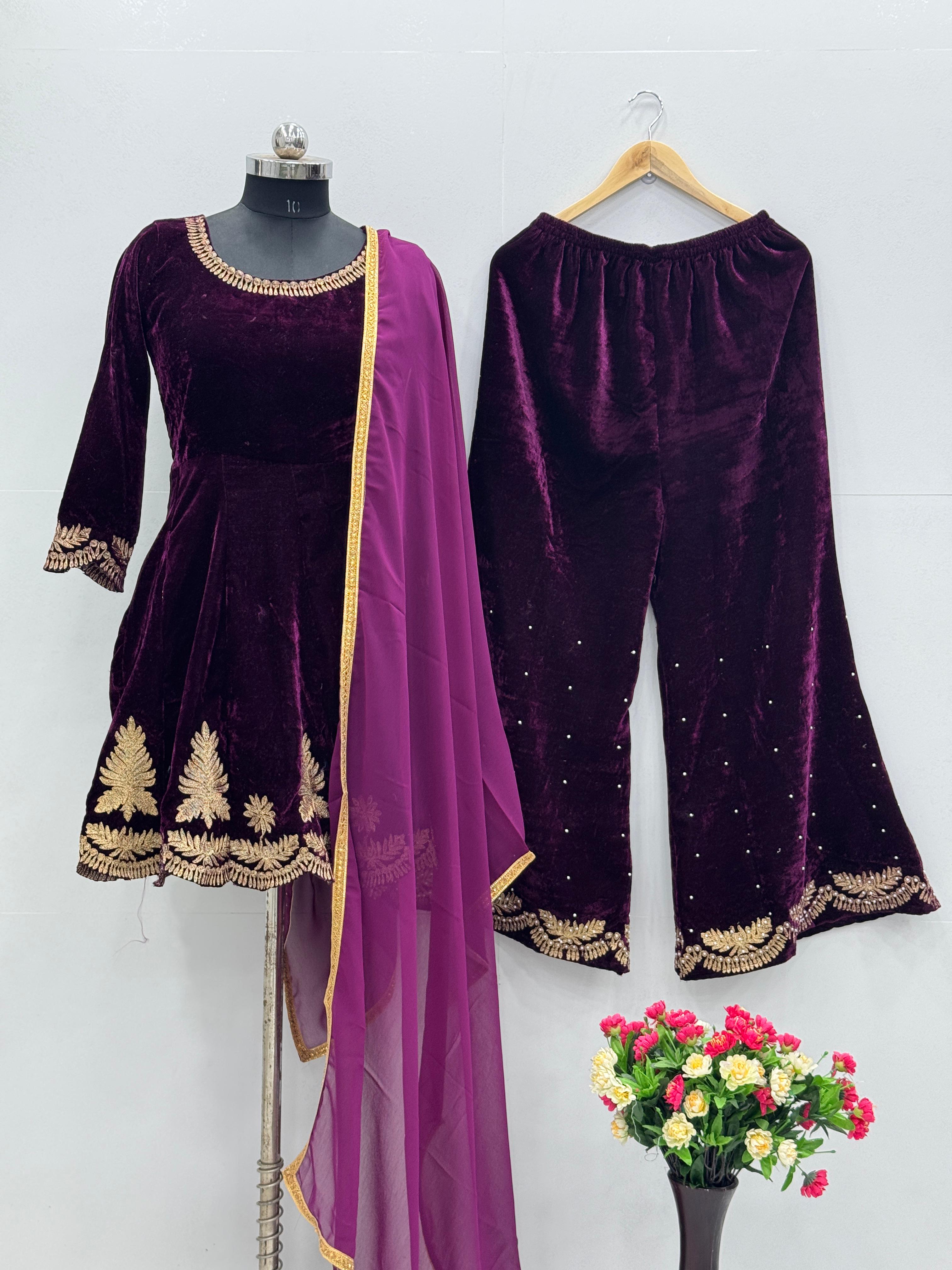 Gorgeous Wine Color Heavy Viscose Velvet And Embroidery Work Designer Palazzo Suit