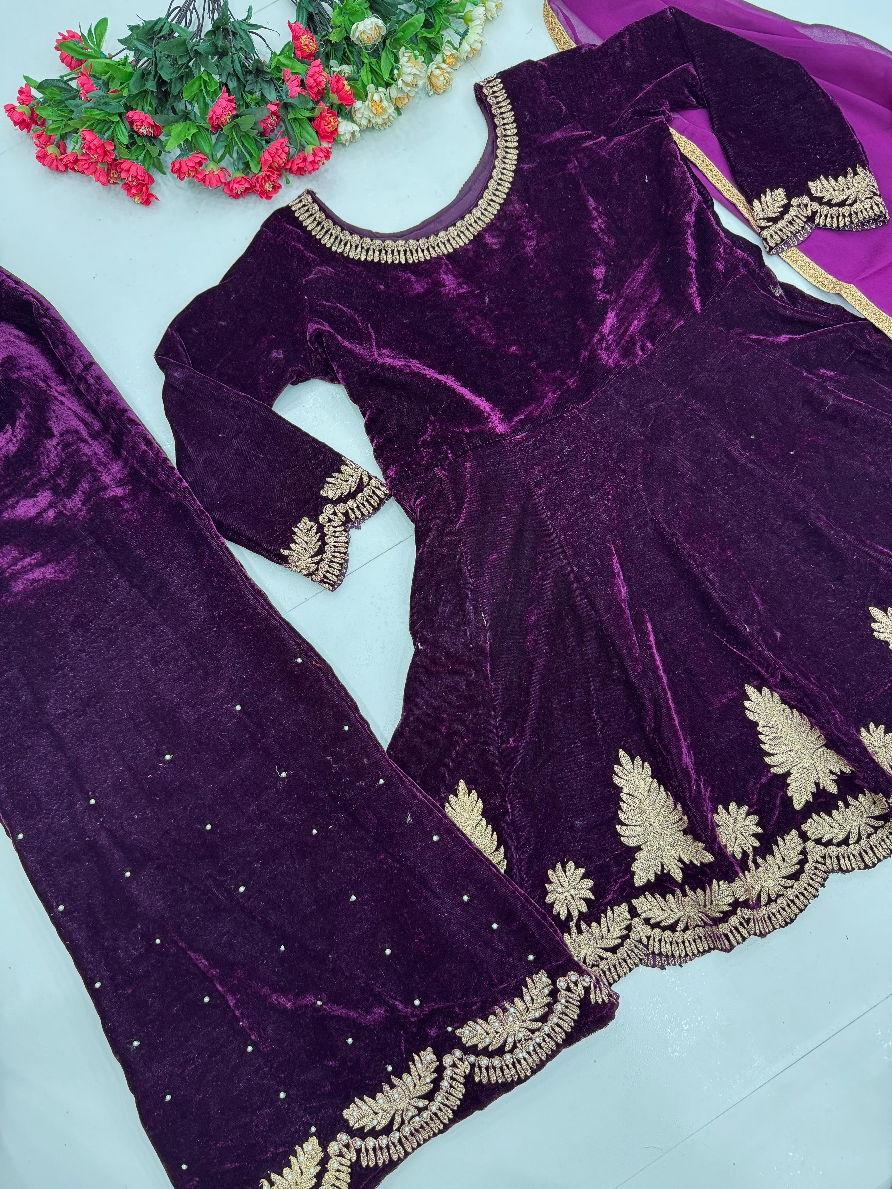 Gorgeous Wine Color Heavy Viscose Velvet And Embroidery Work Designer Palazzo Suit