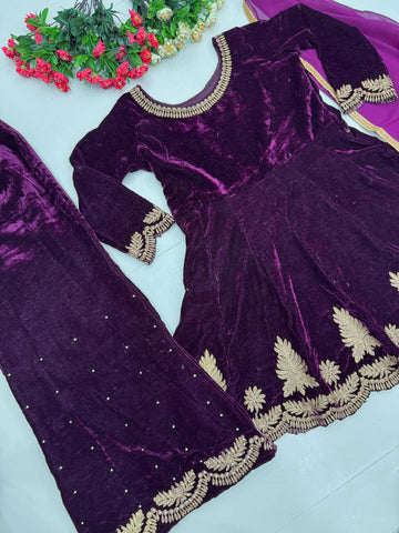 Gorgeous Wine Color Heavy Viscose Velvet And Embroidery Work Designer Palazzo Suit