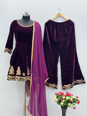Gorgeous Wine Color Heavy Viscose Velvet And Embroidery Work Designer Palazzo Suit