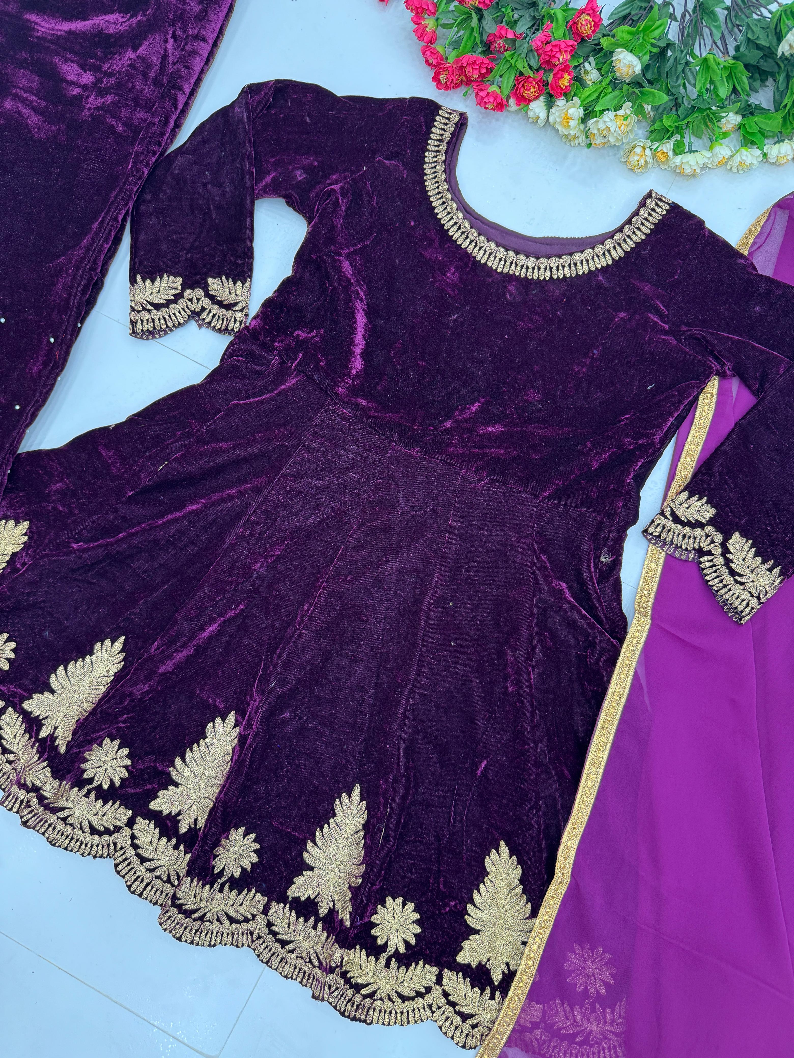 Gorgeous Wine Color Heavy Viscose Velvet And Embroidery Work Designer Palazzo Suit