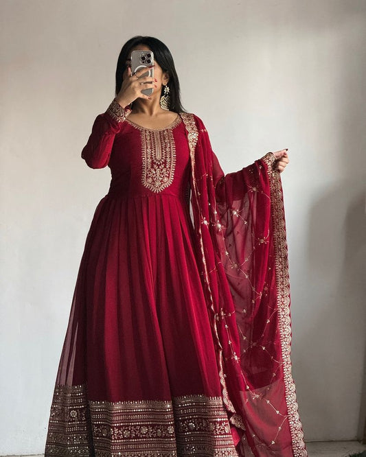 Wedding Wear Maroon Color Faux Georgette With Embroidery Sequence Work Designer Gown