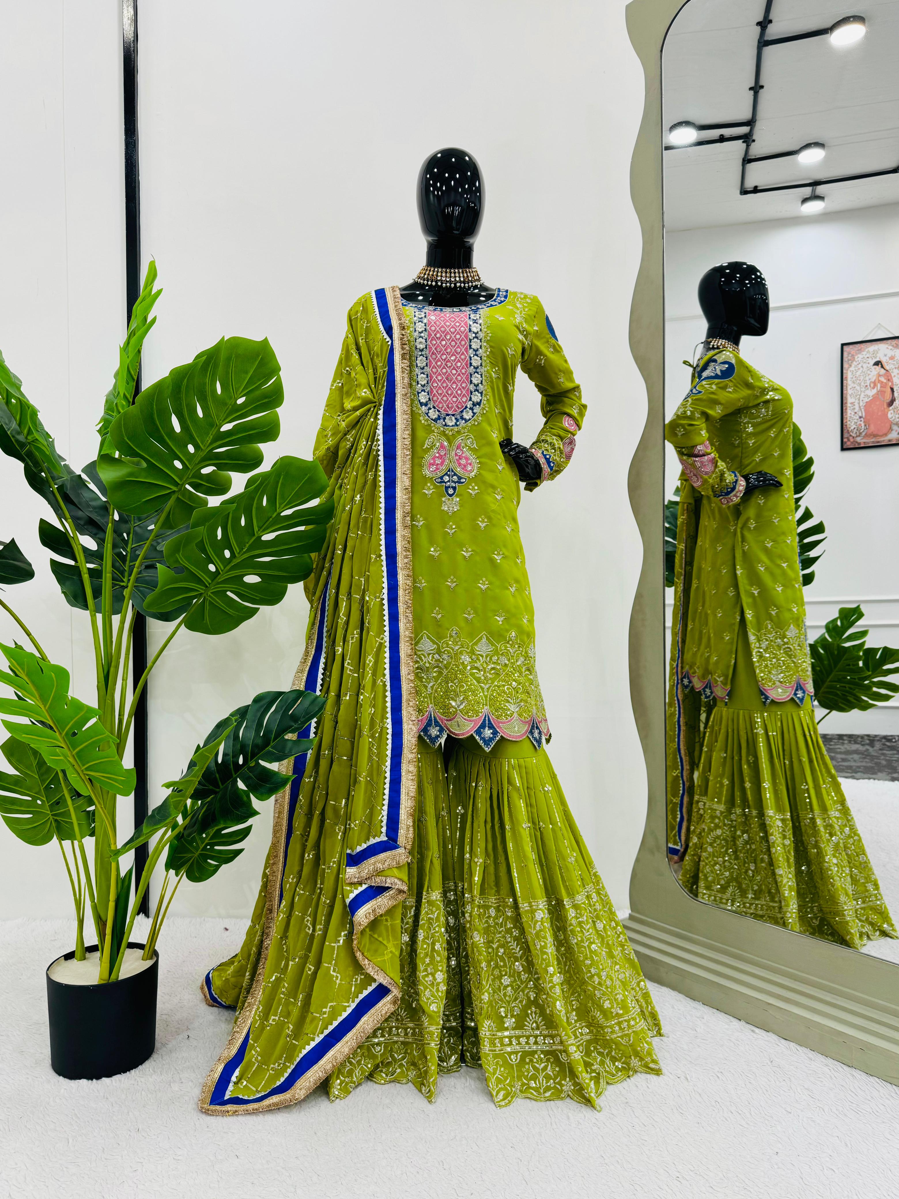 Wedding Wear Parrot Green Faux Georgette Thread With Sequence Work Sharara Suit