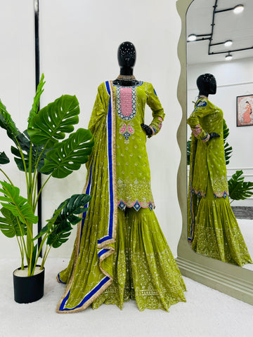 Wedding Wear Parrot Green Faux Georgette Thread With Sequence Work Sharara Suit