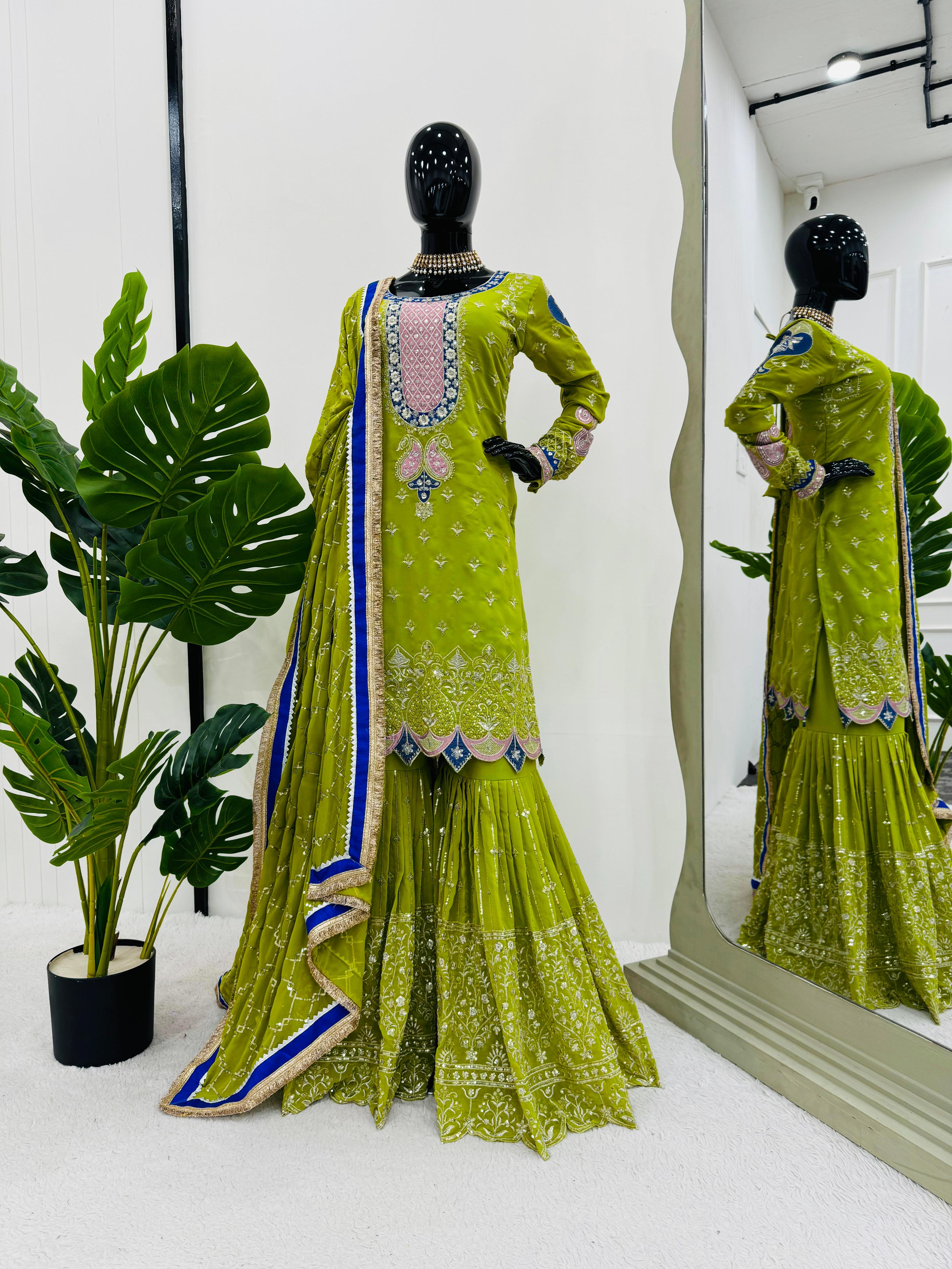 Wedding Wear Parrot Green Faux Georgette Thread With Sequence Work Sharara Suit