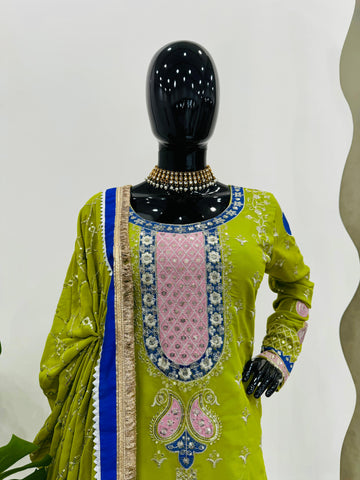 Wedding Wear Parrot Green Faux Georgette Thread With Sequence Work Sharara Suit