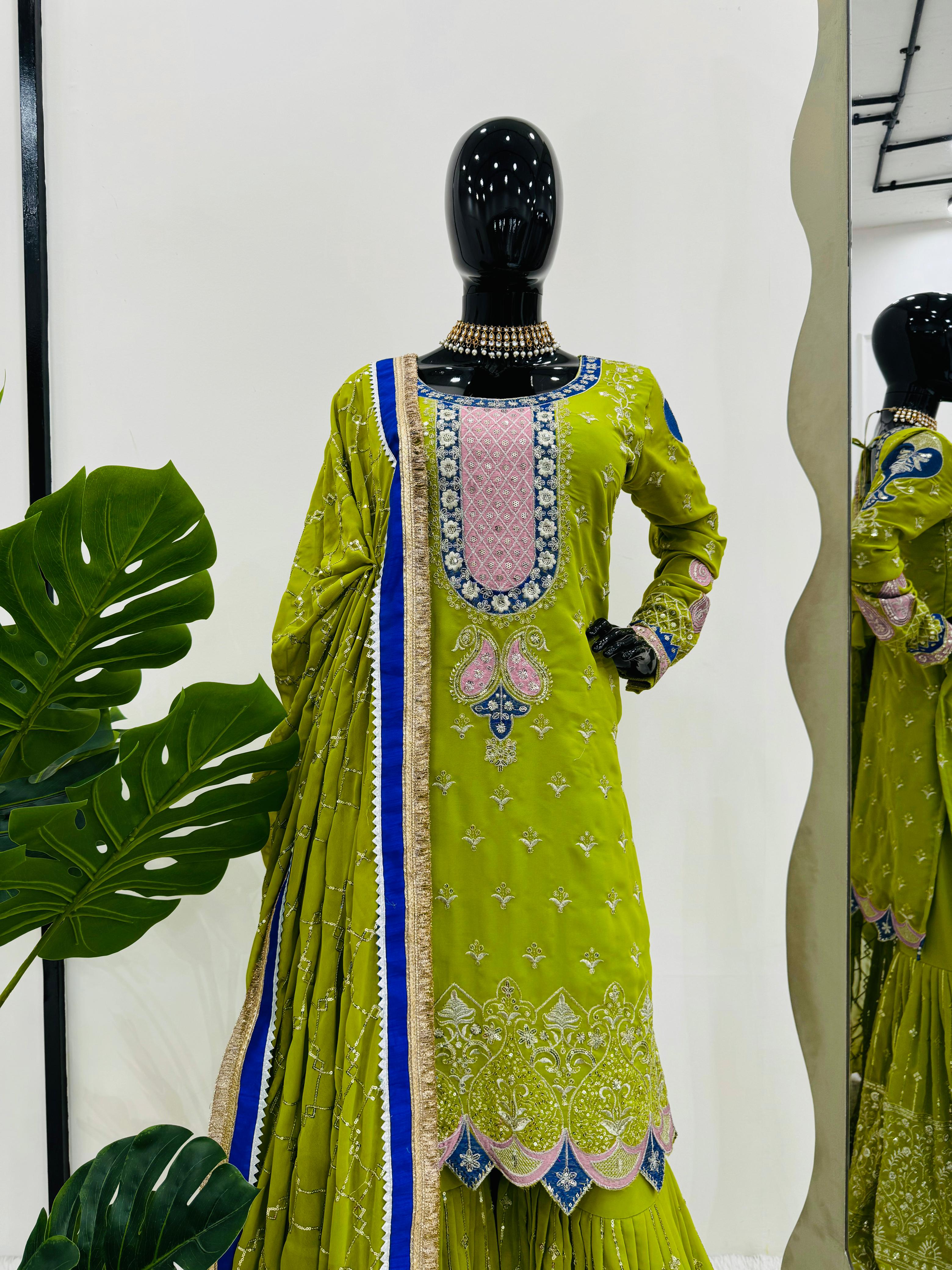 Wedding Wear Parrot Green Faux Georgette Thread With Sequence Work Sharara Suit