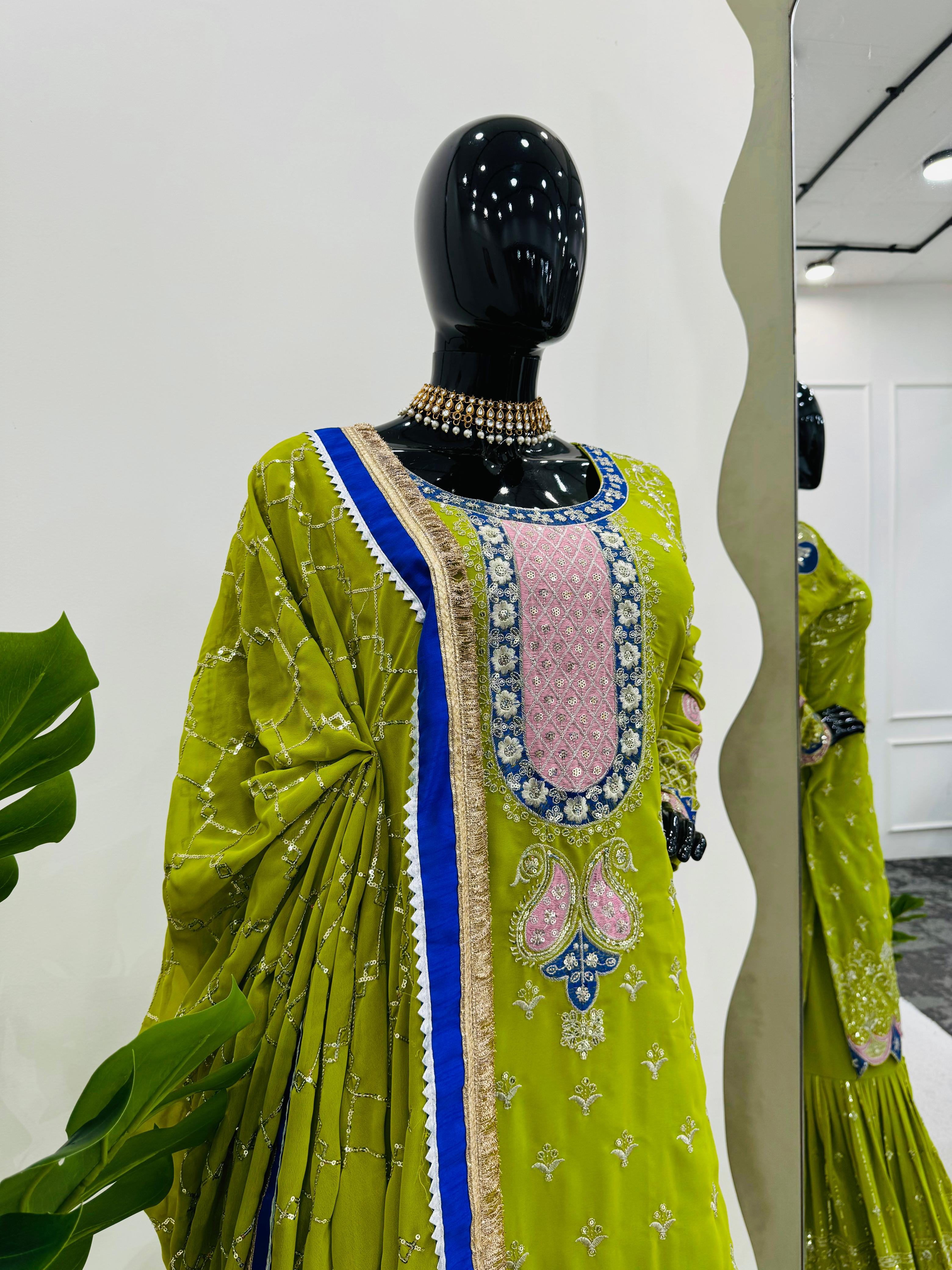 Wedding Wear Parrot Green Faux Georgette Thread With Sequence Work Sharara Suit