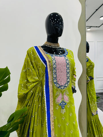 Wedding Wear Parrot Green Faux Georgette Thread With Sequence Work Sharara Suit