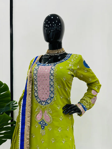 Wedding Wear Parrot Green Faux Georgette Thread With Sequence Work Sharara Suit