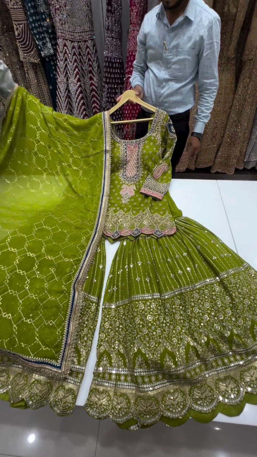 Wedding Wear Parrot Green Faux Georgette Thread With Sequence Work Sharara Suit