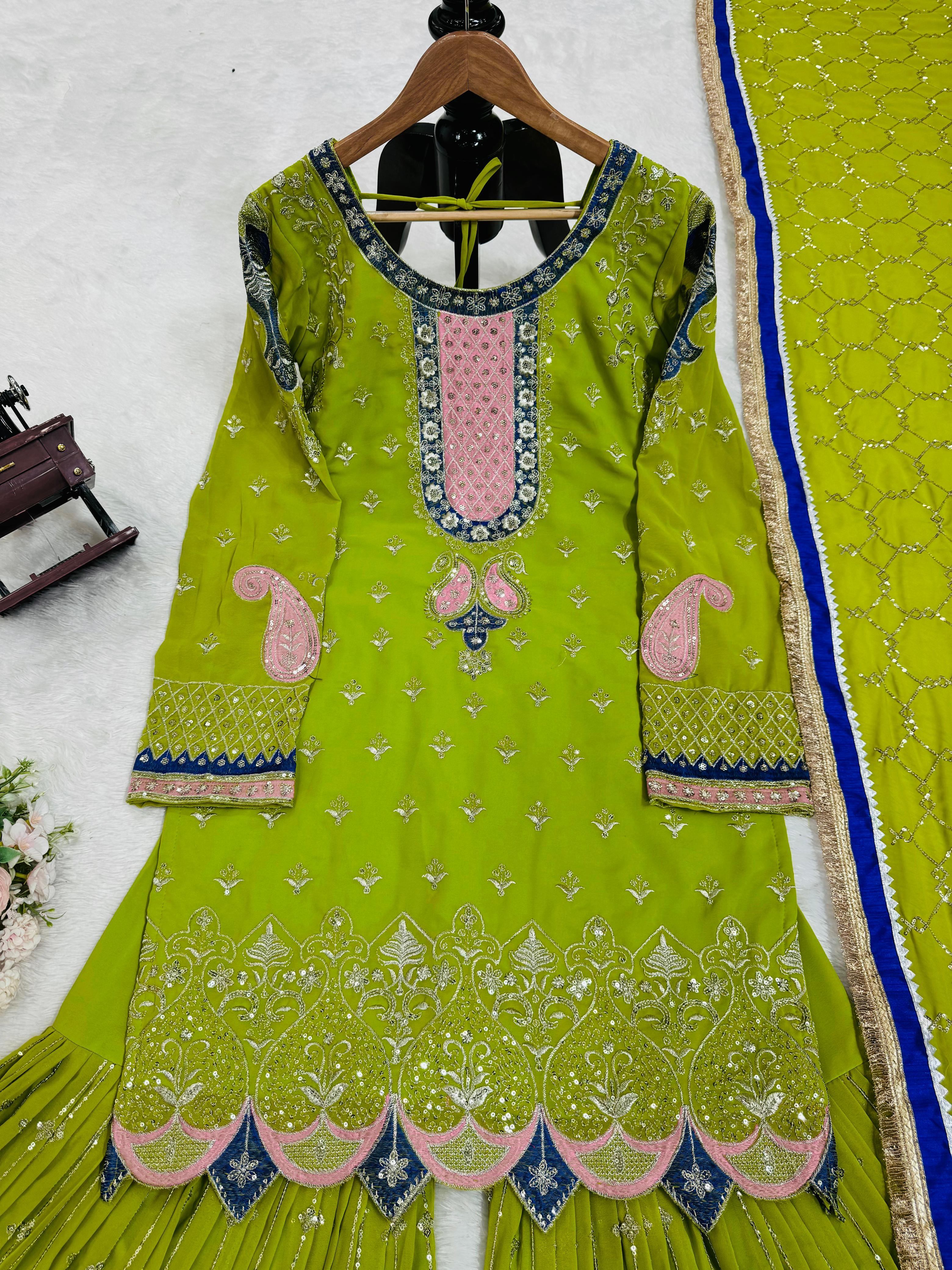 Wedding Wear Parrot Green Faux Georgette Thread With Sequence Work Sharara Suit