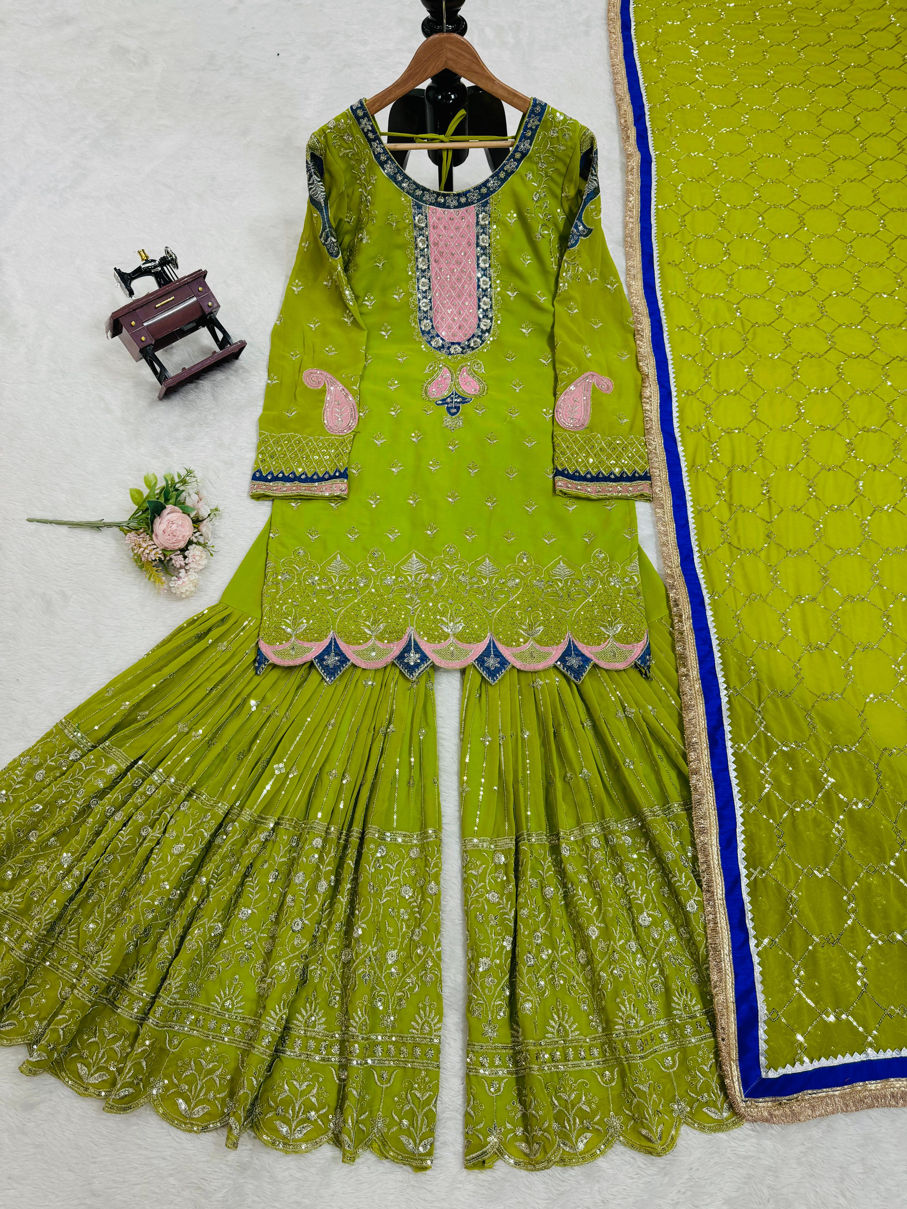 Wedding Wear Parrot Green Faux Georgette Thread With Sequence Work Sharara Suit