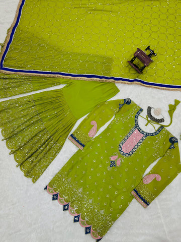 Wedding Wear Parrot Green Faux Georgette Thread With Sequence Work Sharara Suit