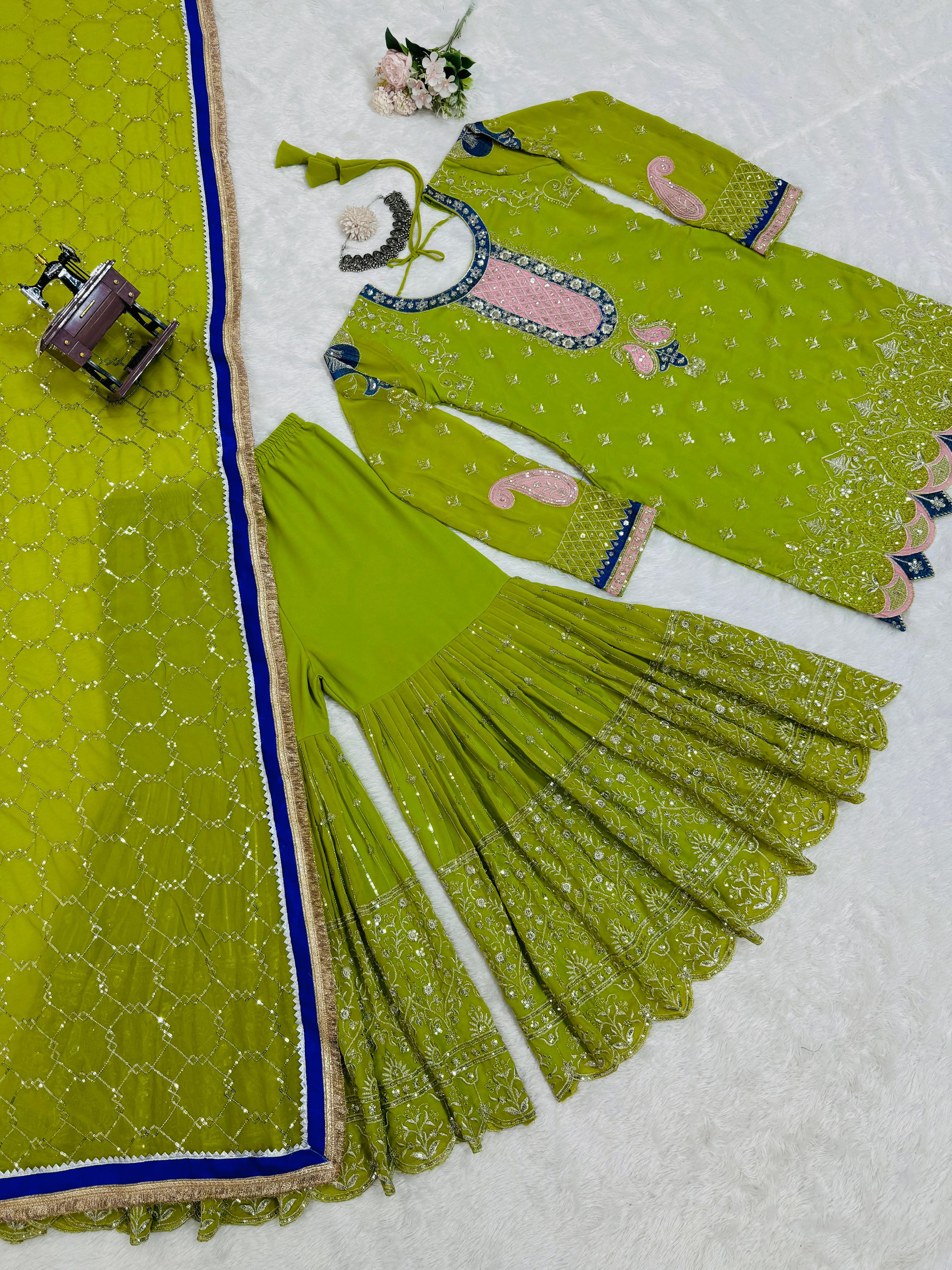 Wedding Wear Parrot Green Faux Georgette Thread With Sequence Work Sharara Suit