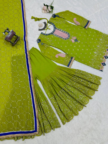 Wedding Wear Parrot Green Faux Georgette Thread With Sequence Work Sharara Suit