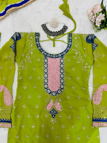 Wedding Wear Parrot Green Faux Georgette Thread With Sequence Work Sharara Suit