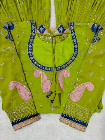 Wedding Wear Parrot Green Faux Georgette Thread With Sequence Work Sharara Suit